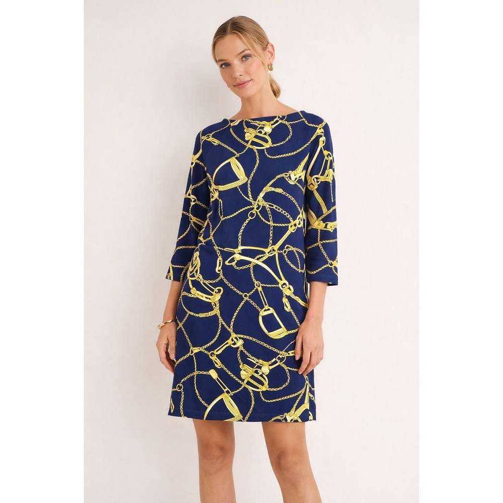 J McLaughlin Dress Women's XS Blue Gold Chain Print Shift Preppy Equestrian Knit